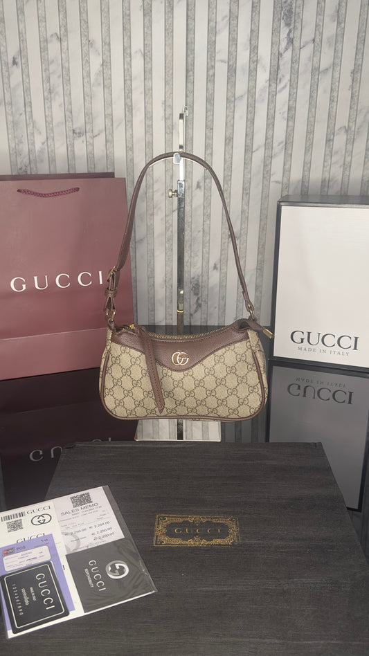 Gucci Ophidia GG Mini Shoulder Bag – Beige/Ebony with Brown Leather