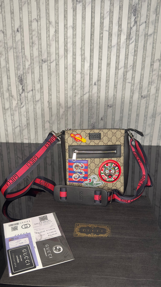 Gucci GG Supreme Crossbody Bag with Patches – Beige/Ebony & Black Leather Details