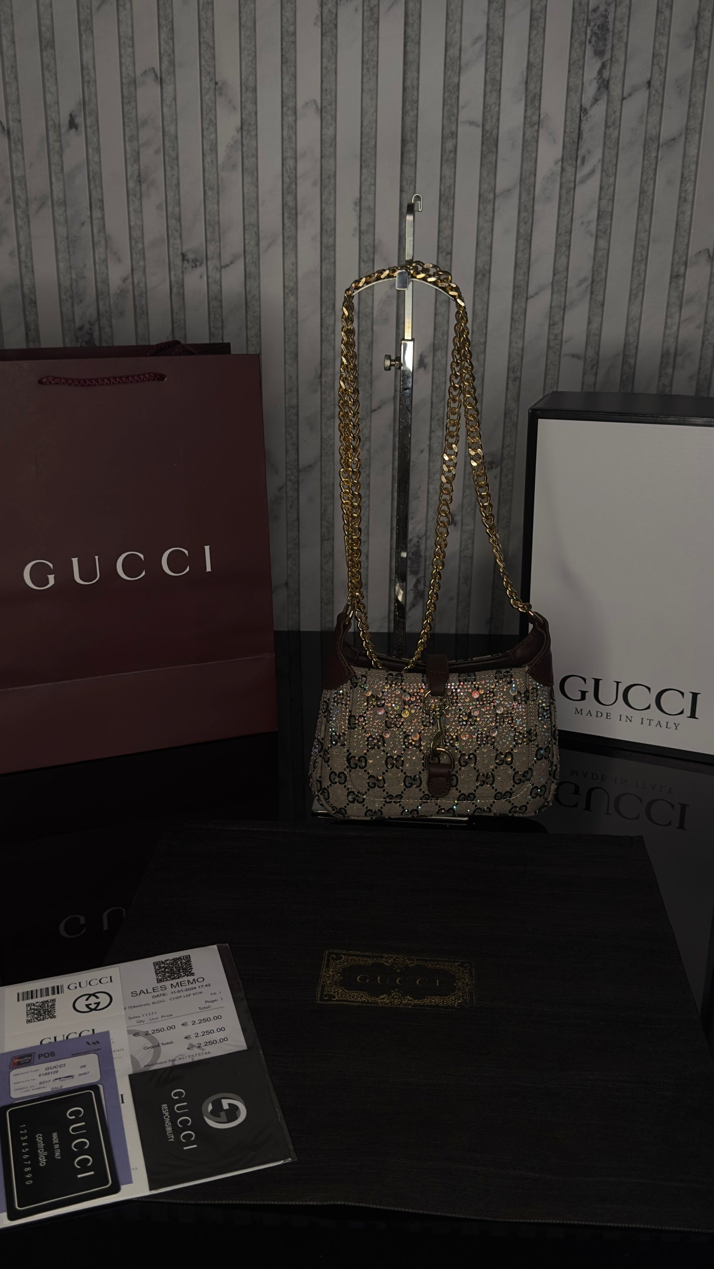 Gucci Jackie 1961 GG Crystal Mini Bag – Beige/Ebony with Brown Leather