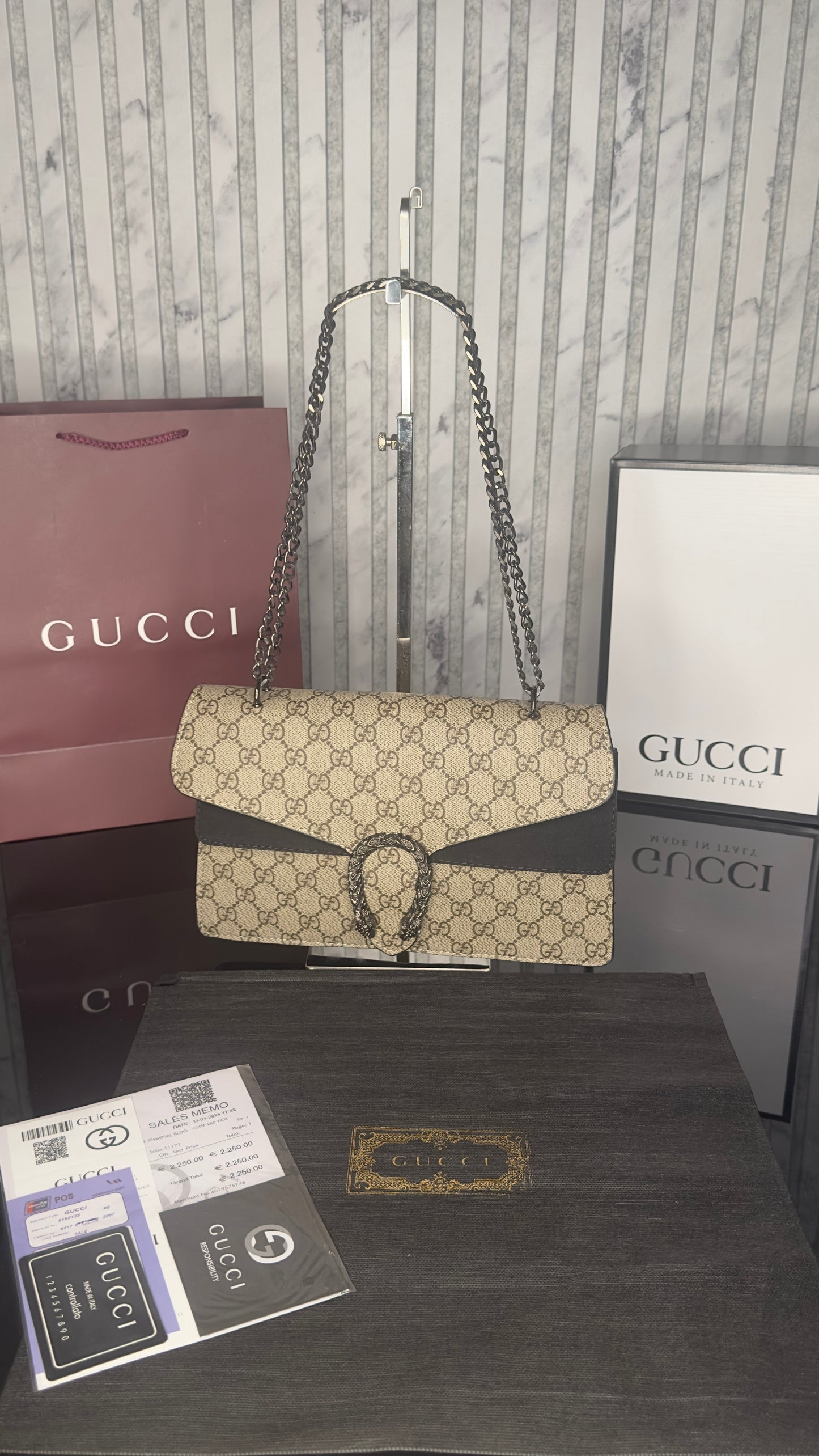Gucci Dionysus GG Supreme Bag – Beige/Ebony with Black Suede
