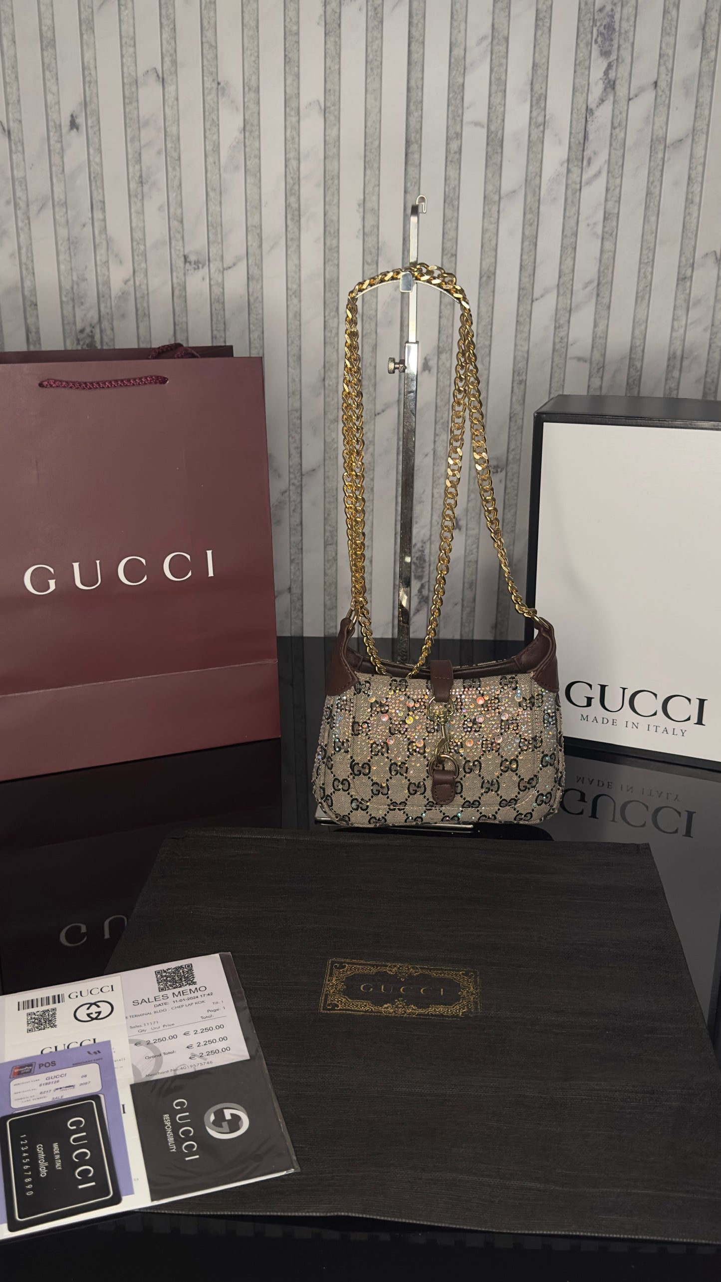 Gucci Jackie 1961 GG Crystal Mini Bag – Beige/Ebony with Brown Leather