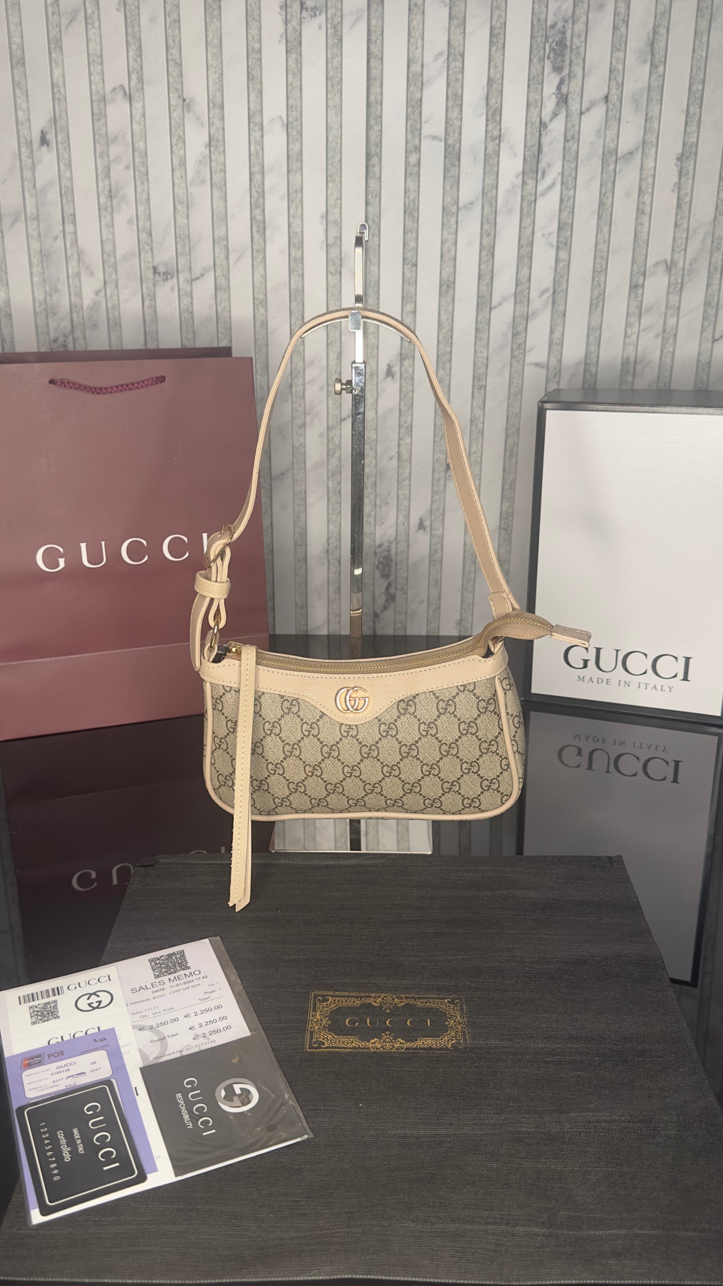 Gucci Ophidia GG Mini Shoulder Bag – Beige/Ebony with Light Beige Leather