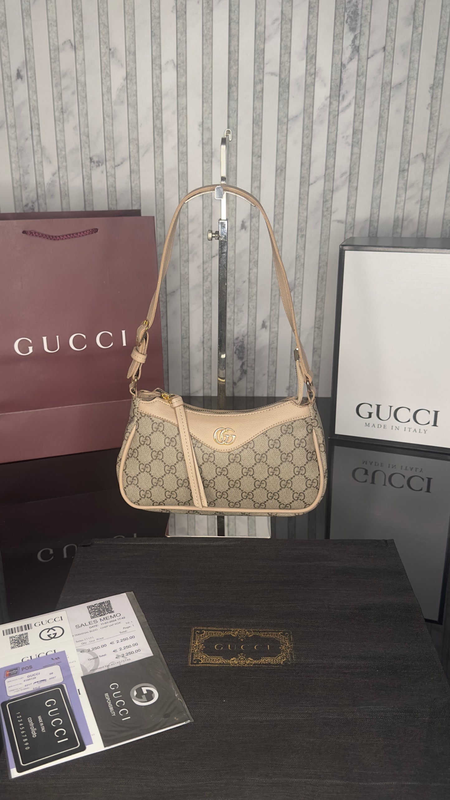 Gucci Ophidia GG Mini Shoulder Bag – Beige/Ebony with Dark Beige Leather