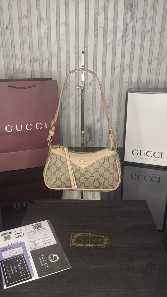Gucci Ophidia GG Mini Shoulder Bag – Beige/Ebony with Dark Beige Leather