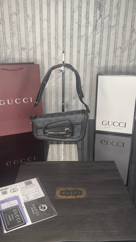 Gucci Horsebit 1955 GG Supreme Mini Shoulder Bag – Black/Grey & Black Leather Details