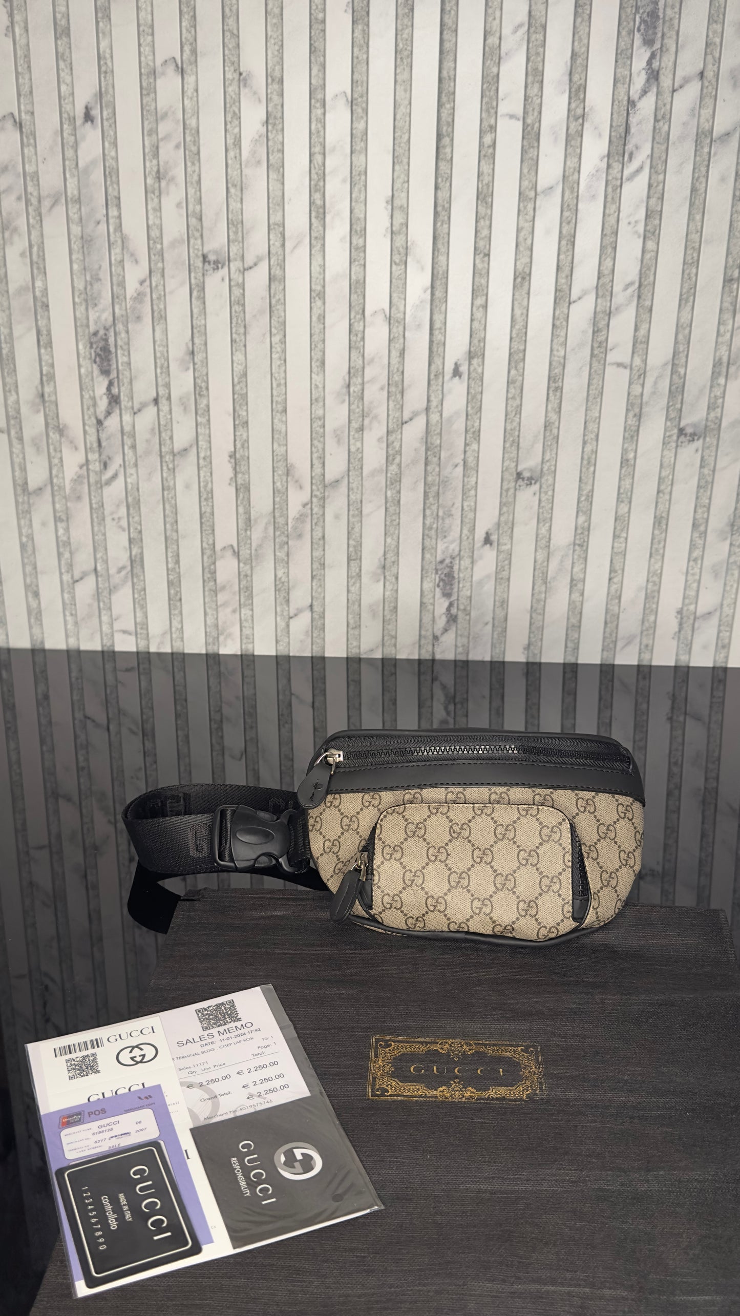 Gucci GG Supreme Belt Bag – Beige/Ebony & Black Leather Details