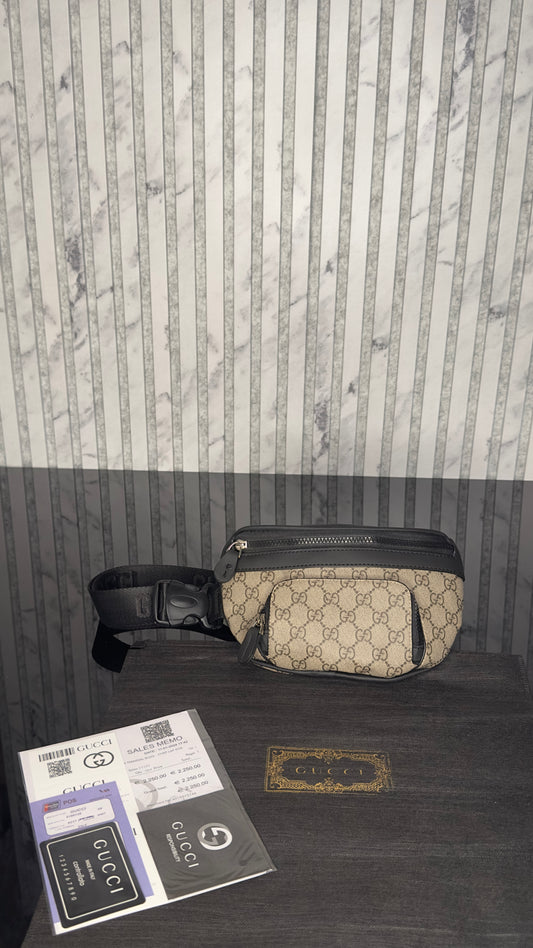 Gucci GG Supreme Belt Bag – Beige/Ebony & Black Leather Details
