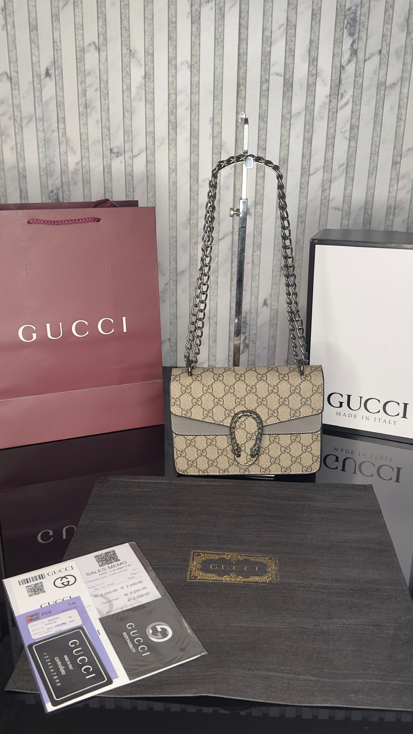 Gucci Dionysus GG Supreme Bag – Beige/Ebony with Grey Suede