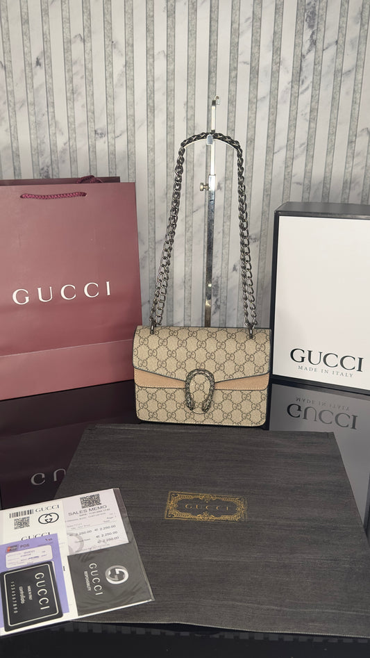 Gucci Dionysus GG Supreme Bag – Beige/Ebony with Camel Suede