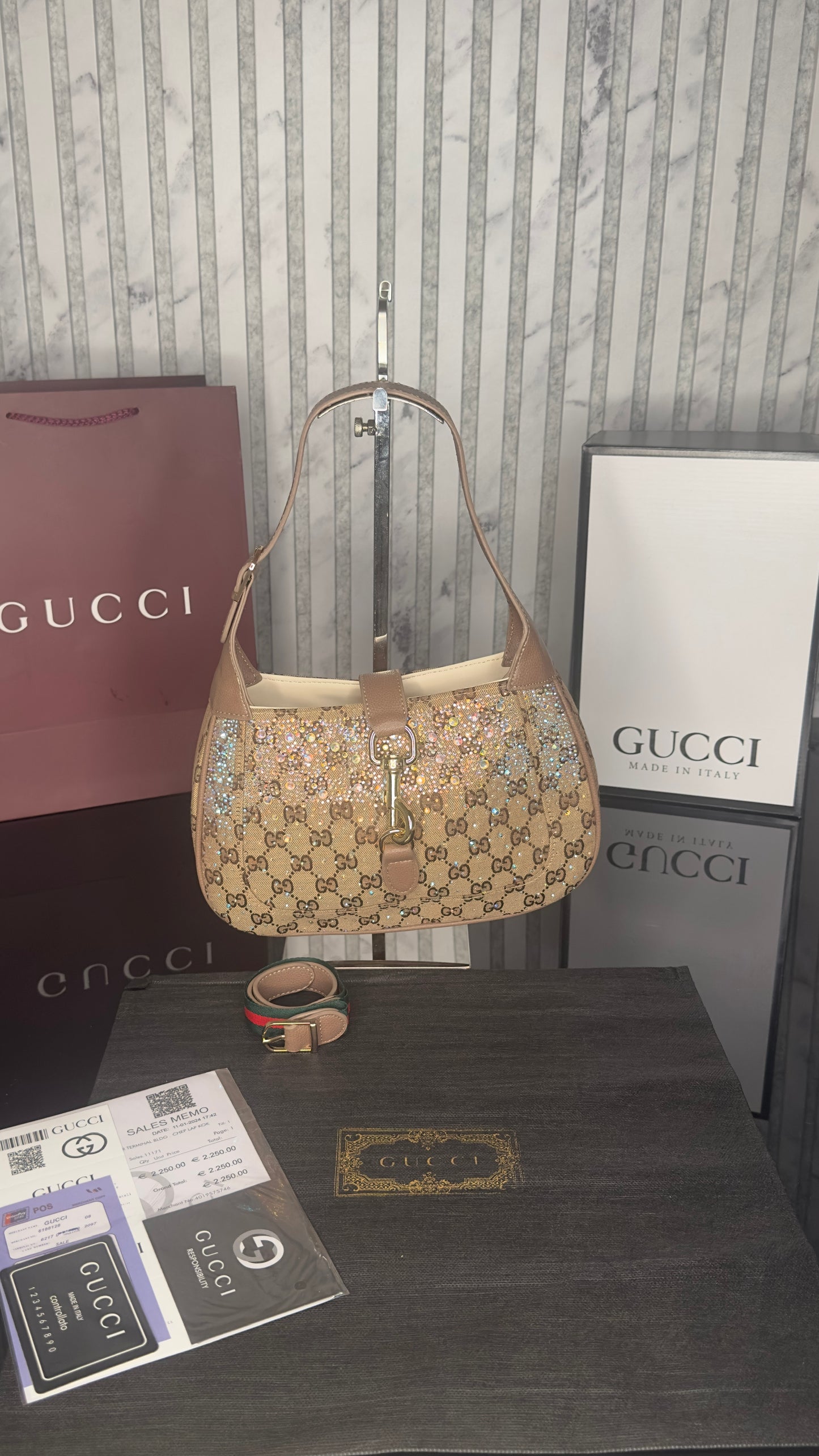 Gucci Jackie 1961 GG Crystal – Beige/Ebony with Brown Leather (Large)