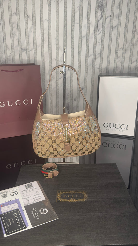 Gucci Jackie 1961 GG Crystal – Beige/Ebony with Brown Leather (Large)