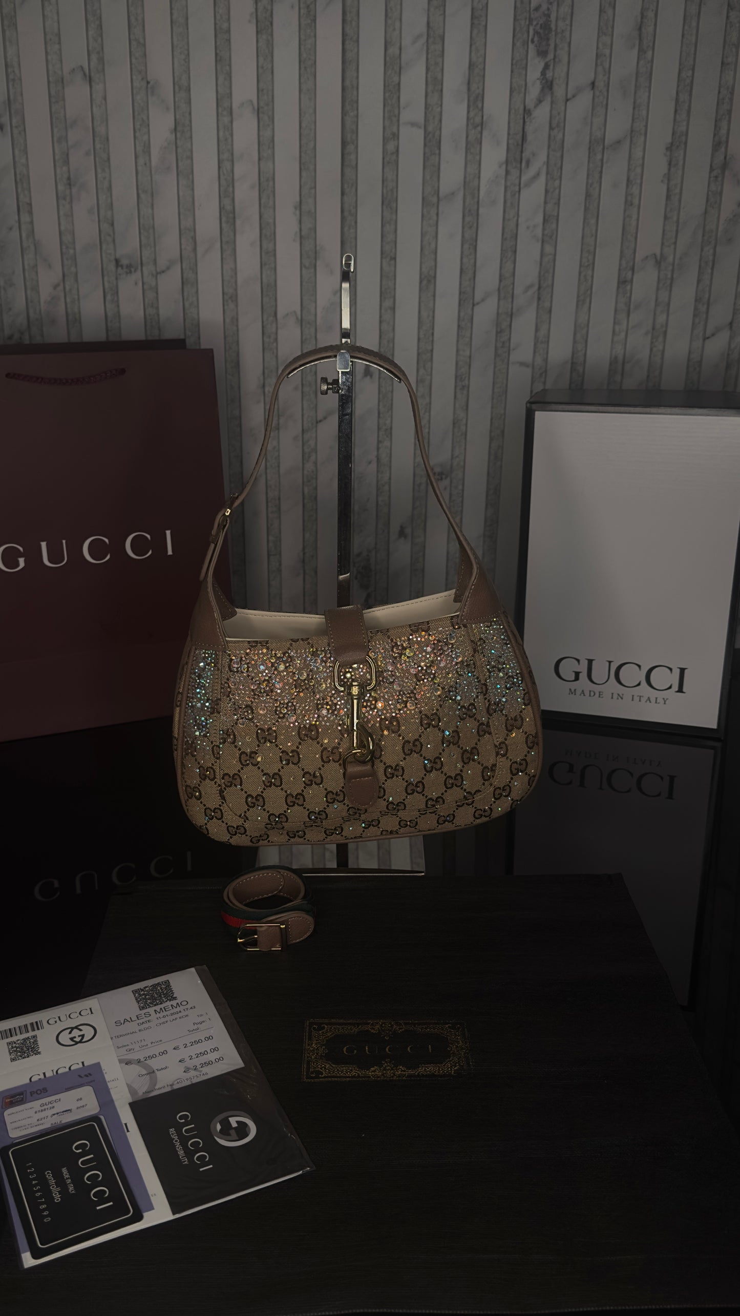 Gucci Jackie 1961 GG Crystal – Beige/Ebony with Brown Leather (Large)