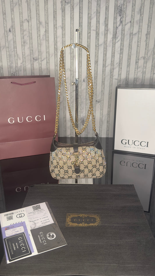 Gucci Jackie 1961 GG Crystal Mini Bag – Beige/Ebony with Black Leather