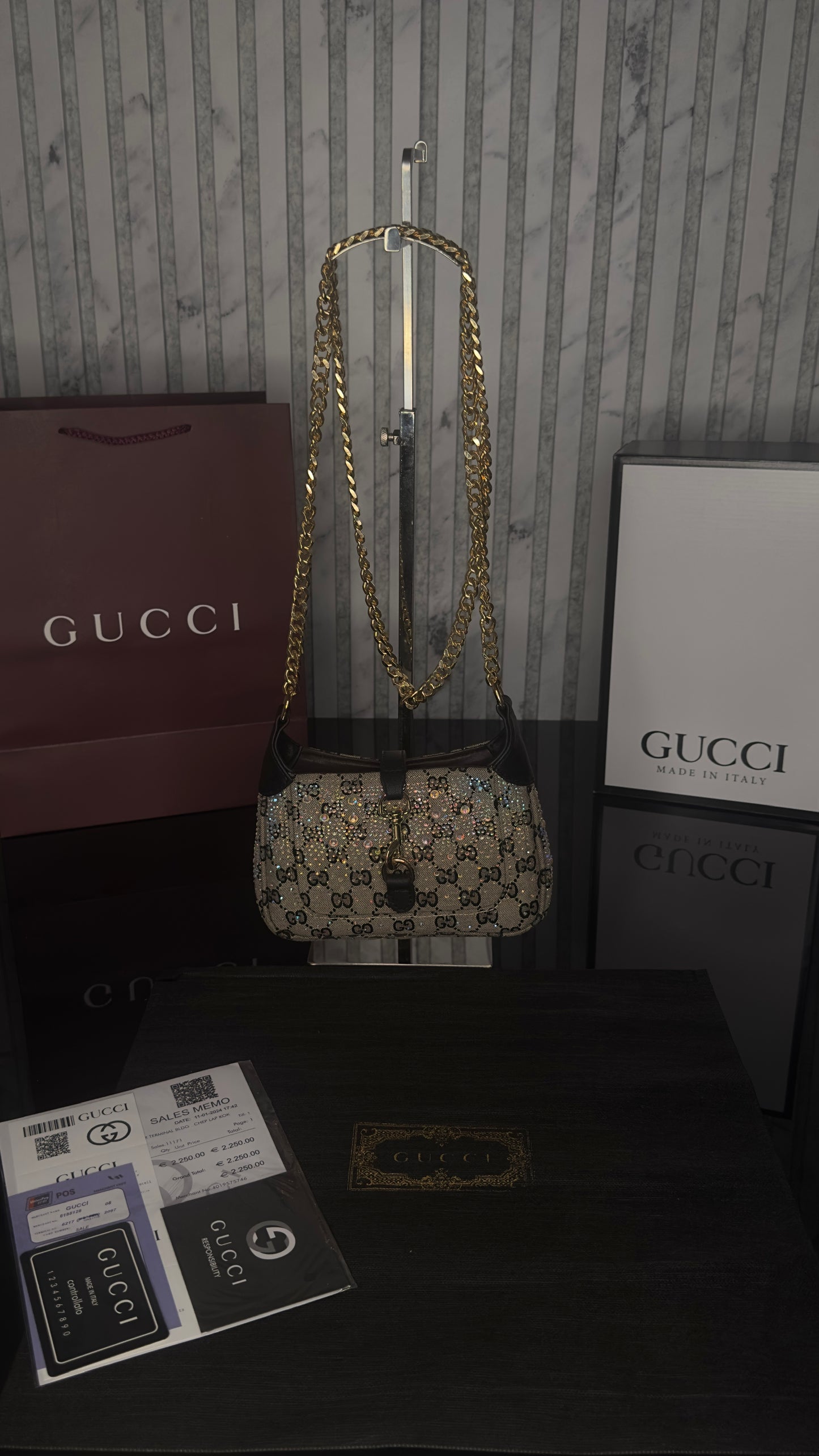Gucci Jackie 1961 GG Crystal Mini Bag – Beige/Ebony with Black Leather