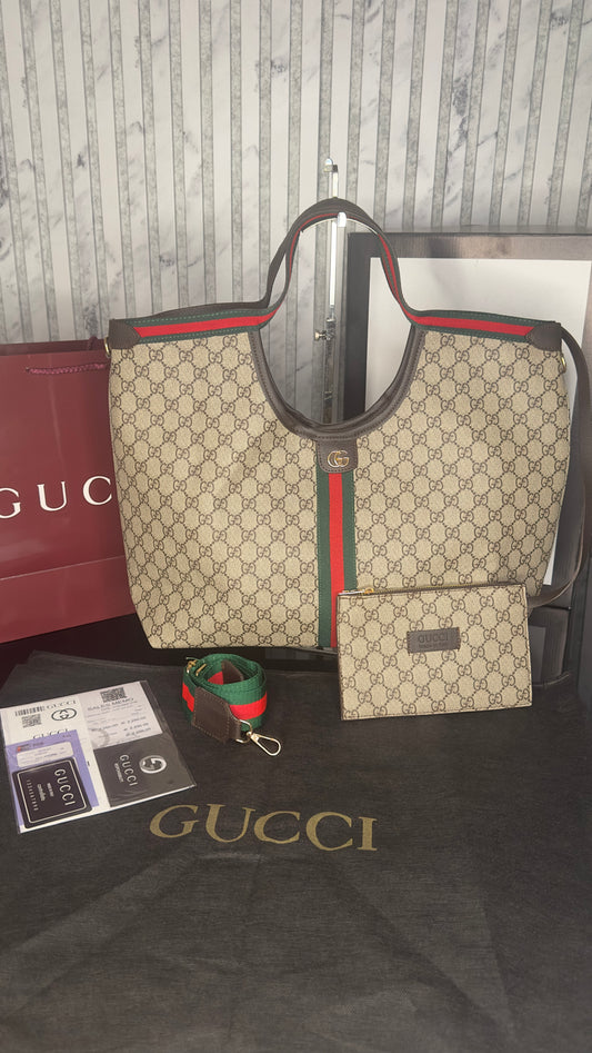 Gucci Giglio GG Canvas Large Tote Bag – Beige/Ebony & Brown Leather Trim