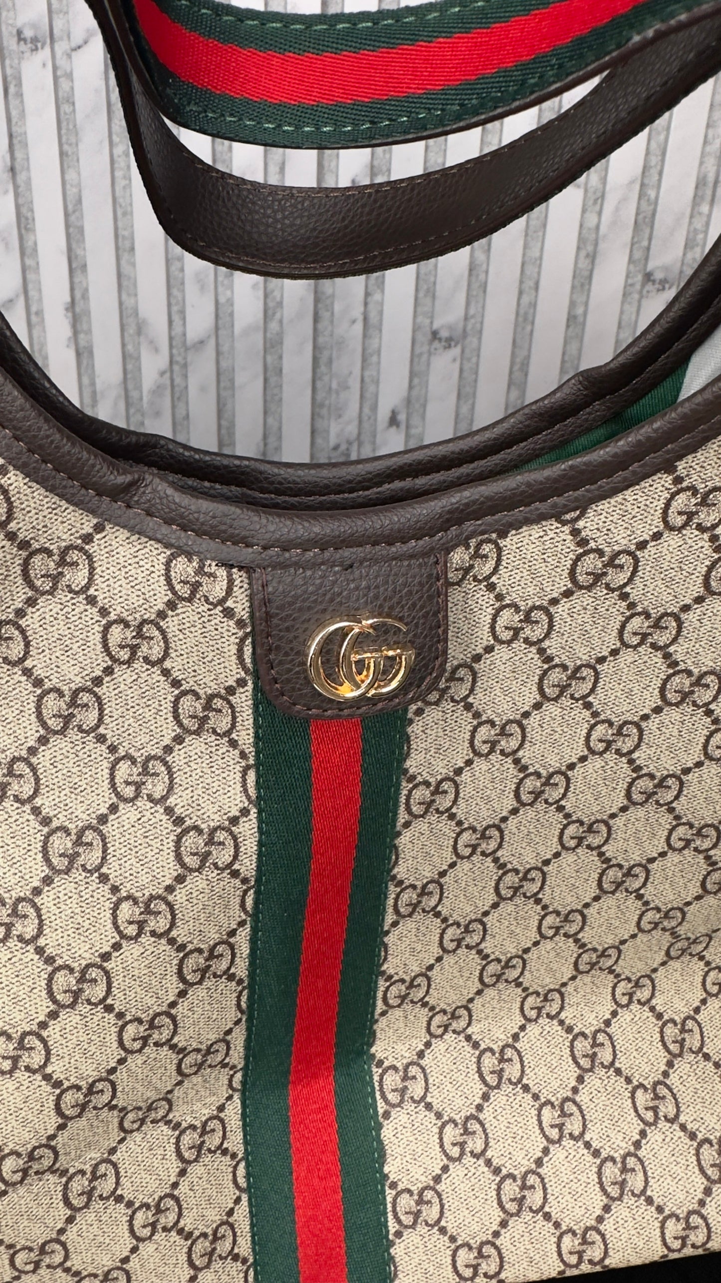 Gucci Giglio GG Canvas Large Tote Bag – Beige/Ebony & Brown Leather Trim