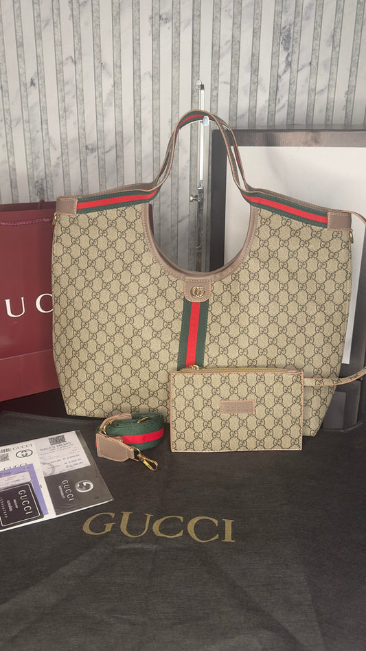 Gucci Giglio GG Canvas Large Tote Bag – Beige/Ebony & Light Beige Leather Trim