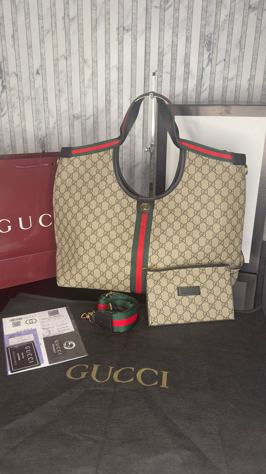 Gucci Giglio GG Canvas Large Tote Bag – Beige/Ebony with Black Leather Trim
