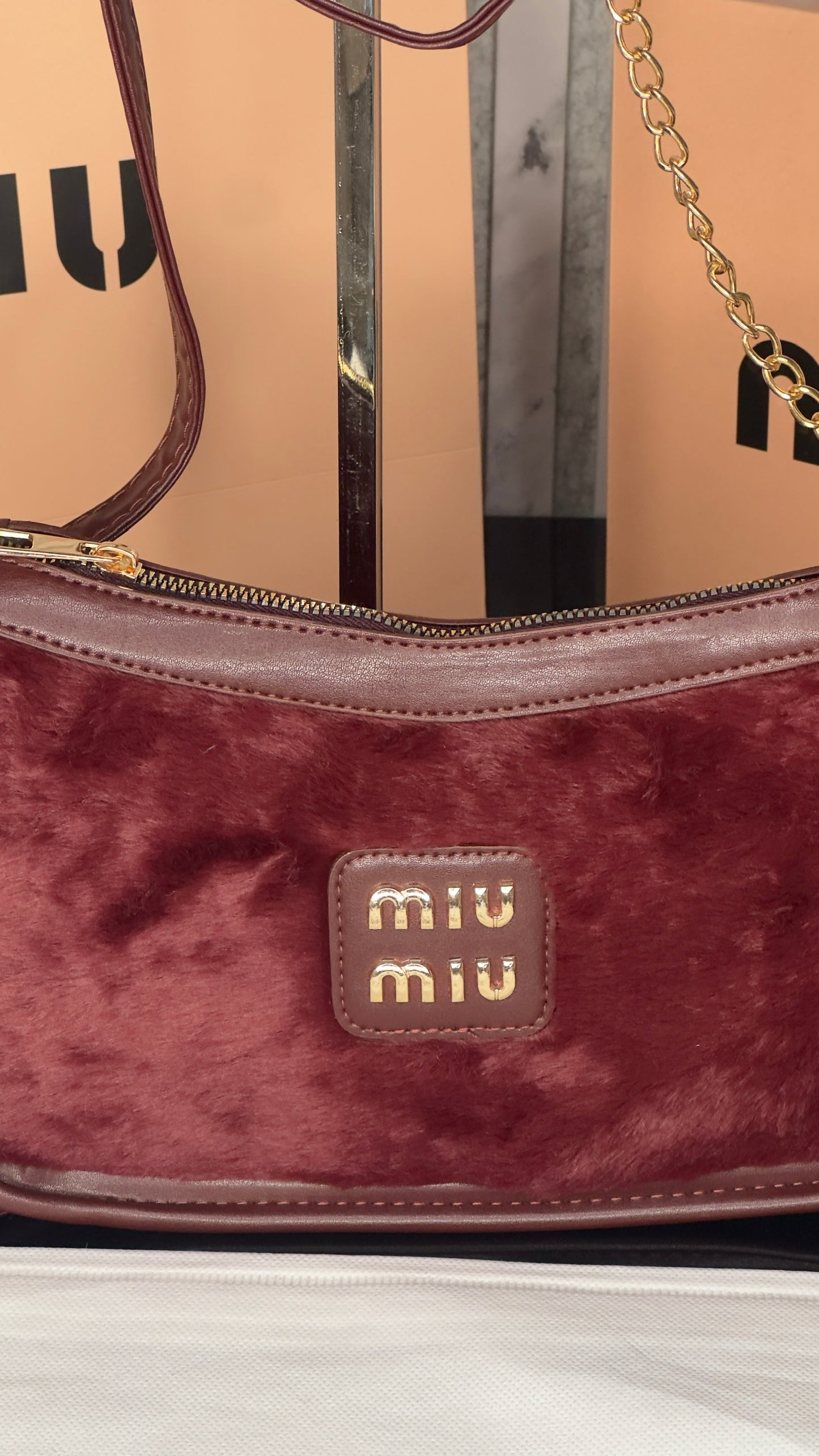 Miu Miu Soft Fur Shoulder Bag – Burgundy